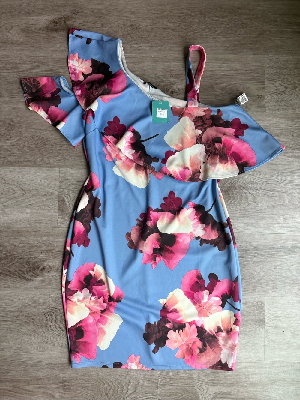 Soprano Blue One-Shoulder Floral Ruffle Dress with Pink Accents